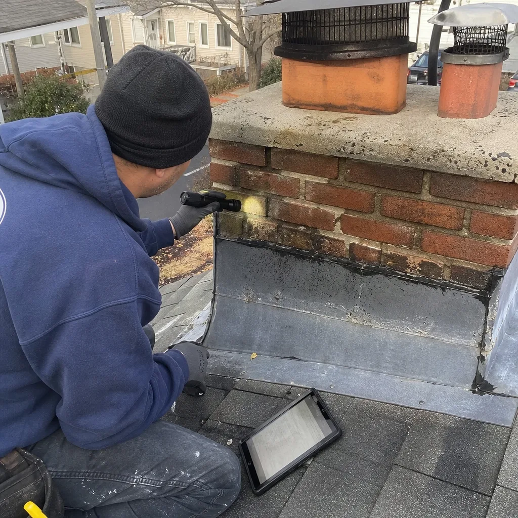 Chimney professional inspecting brick chimney flashing on a residential roof
