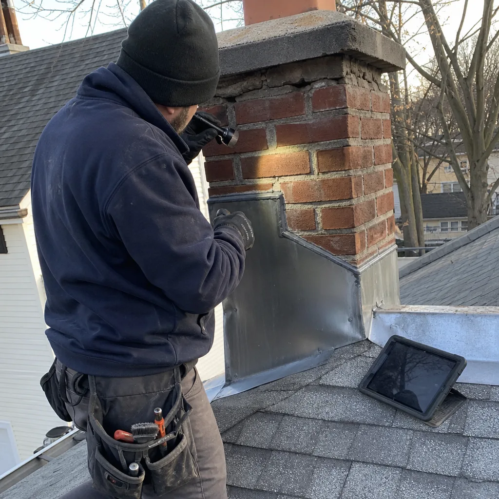 Professional chimney inspector checking flashing on a brick chimney roof installation