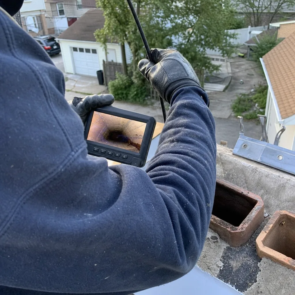 Professional technician using a chimney camera inspection tool on a roof