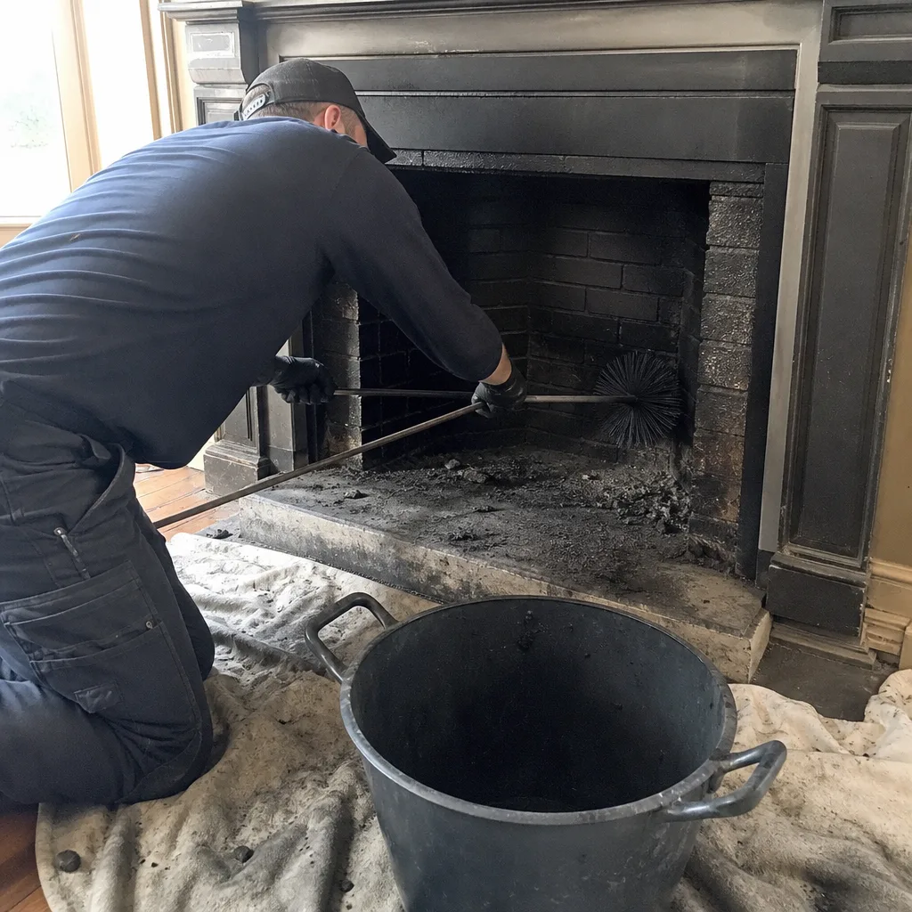 Professional chimney sweep cleaning soot from a residential brick fireplace