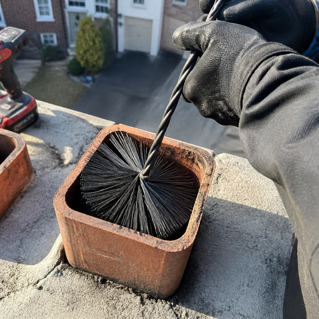 Professional chimney sweep using a chimney brush to clean a flue