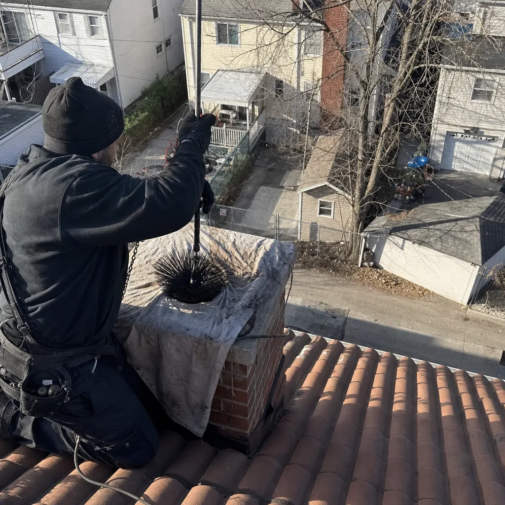 Professional chimney sweep cleaning a brick chimney from a roof